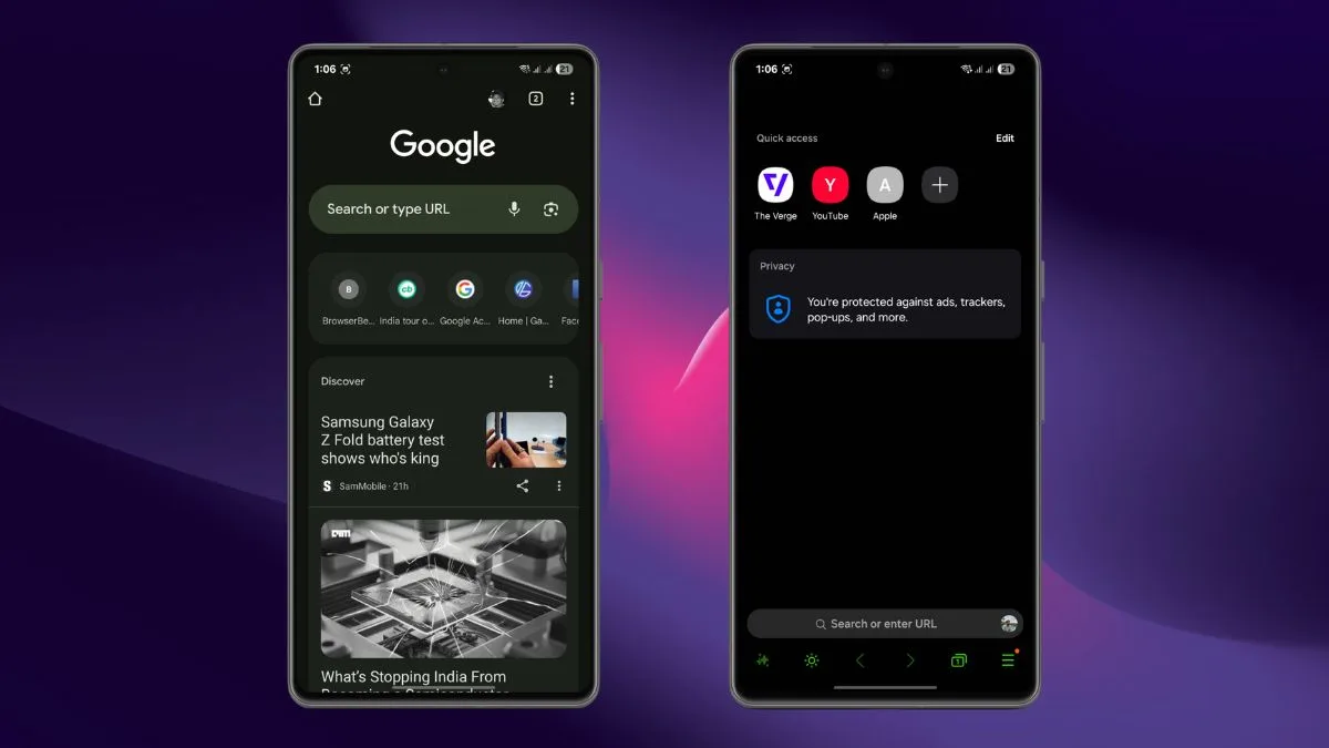 Chrome Homepage vs Samsung Internet Homepage