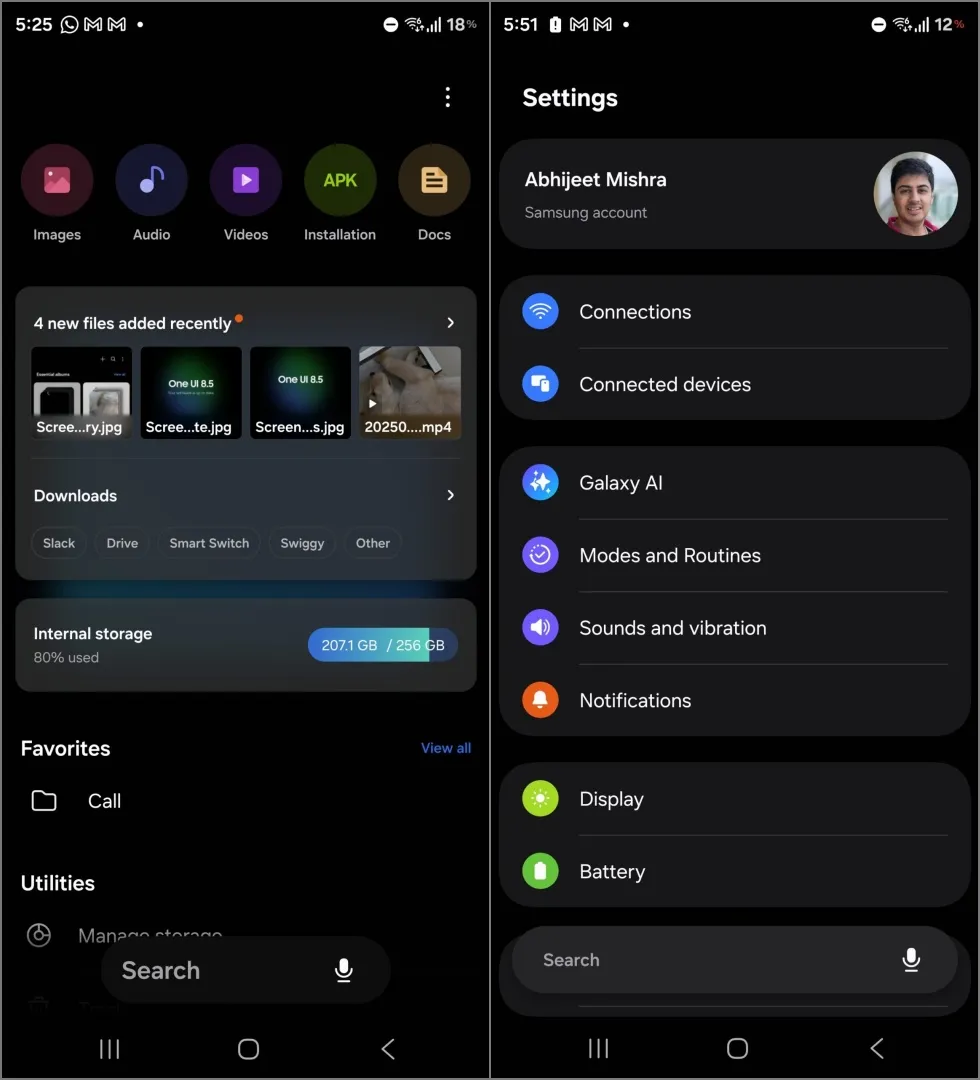 floating search bar Settings and My Files apps