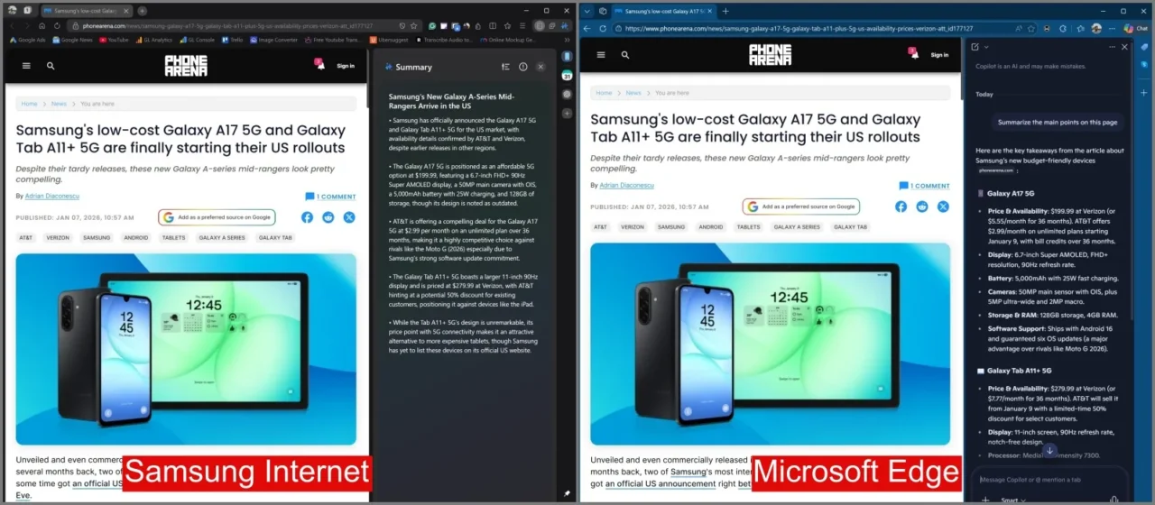Summarizing webpage on Samsung Internet