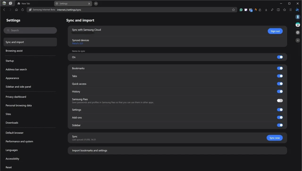 cross-device sync on Samsung Internet